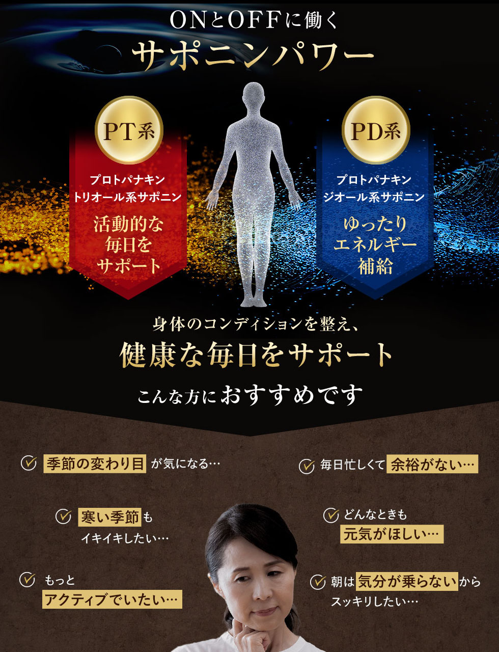 ONとOFFに働くサポニンパワー 身体のコンディションを整え、健康な毎日をサポート