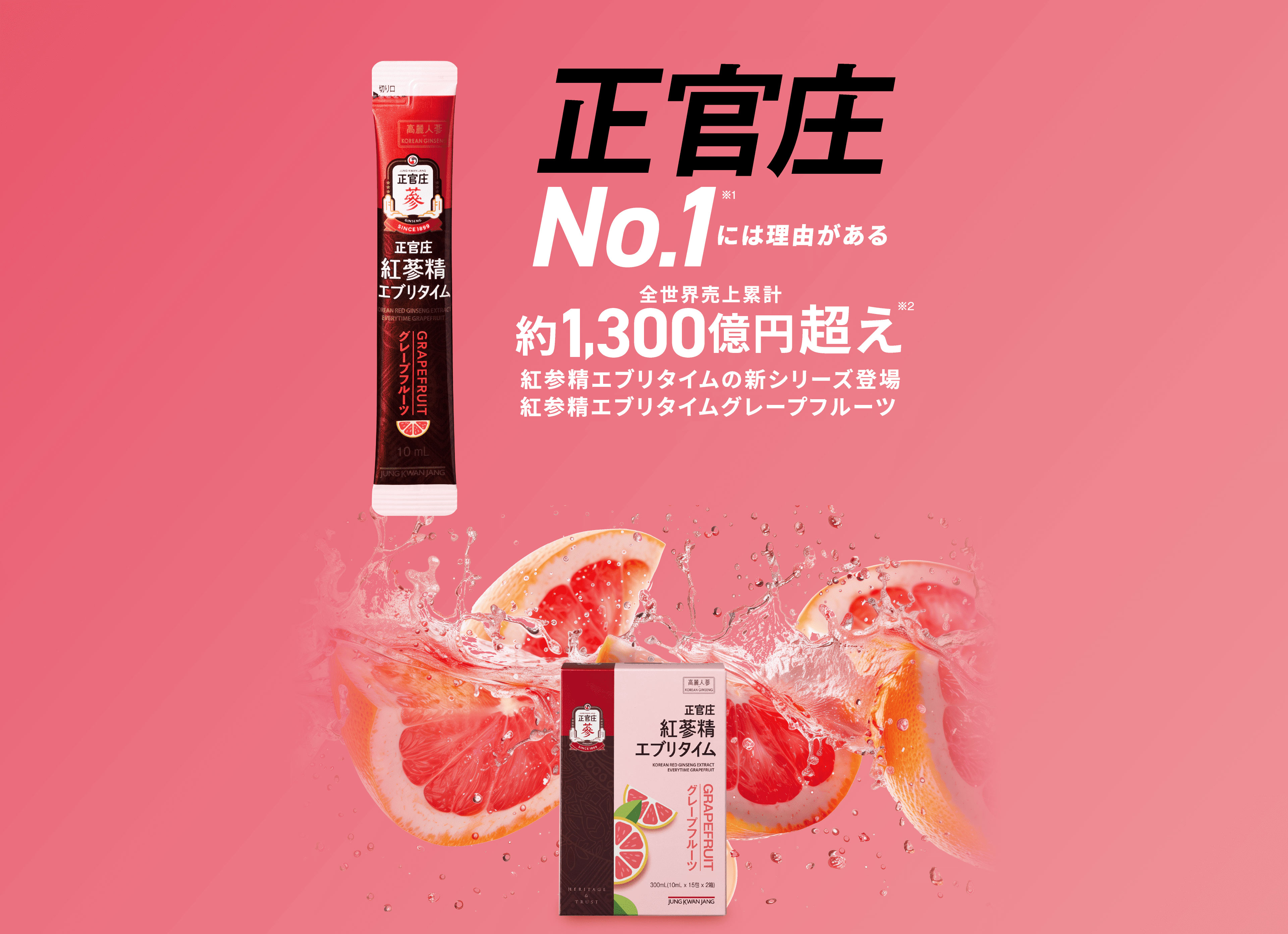 正官庄No.1には理由がある 全世界売上累計約1,300億円超え紅参精エブリタイムの新シリーズ登場紅参精エブリタイムグレープフルーツ
